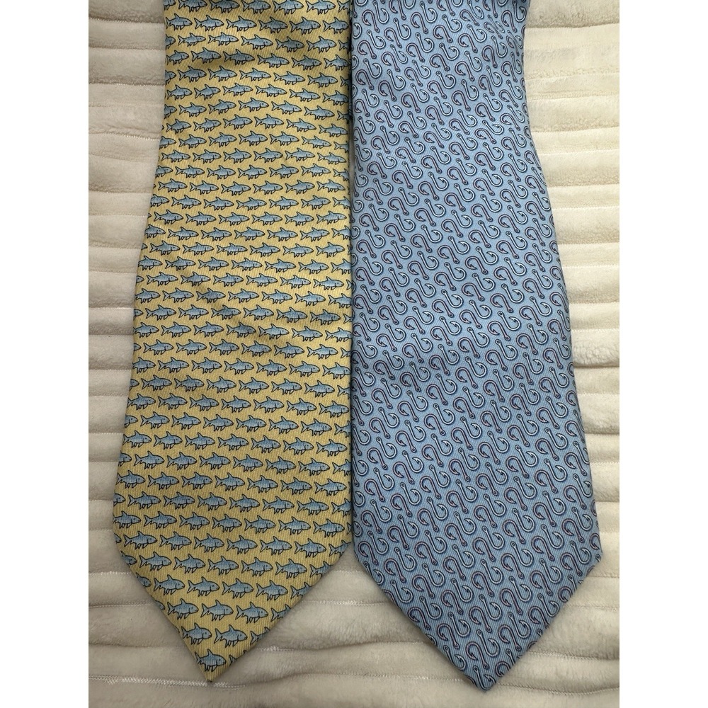 Vineyard Vines Men's Tie Printed Fish And Fishing Hook Silk Made In USA Lot Of 2